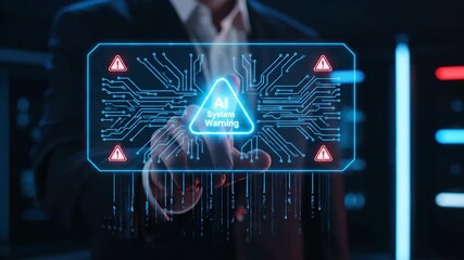 Close up of a man touching a blue glowing AI system warning interface in a dark, futuristic room. Illustrates cyber security and digital risks. - Powered by Adobe