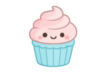 Cute kawaii cupcake illustration with pink cream and blue wrapper