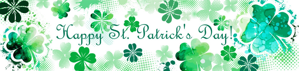 Horizontal banner with text Happy St. Patrick's Day. Green clover leaves pattern. Hand drawn. Not AI, vector illustration.