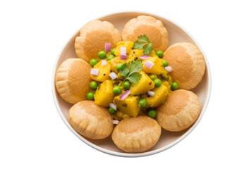 crispy puri with mango corn salsa and peas indian chaat platter