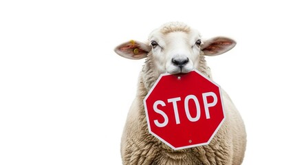sheep holding a red stop sign, road sign, solid white background
