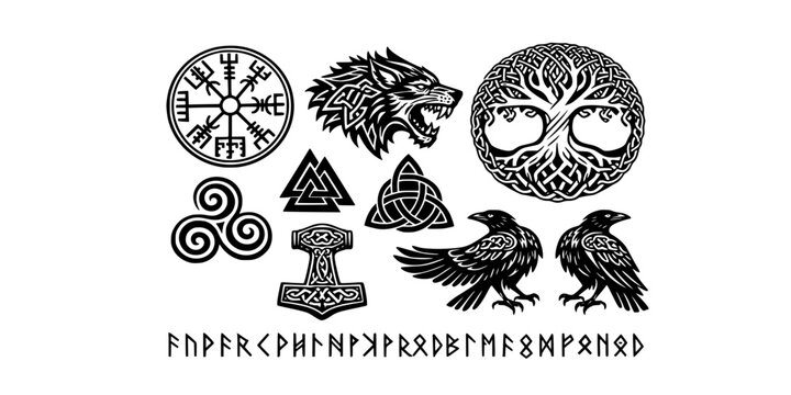 VECTOR MEGA SET Viking runes and symbols collection. set of pagan norse sign vegvisir, fenrir, yggdrasil, valknut, triquetra, triskele, Thor&rsquo;s hammer, ravens. Scandinavian illustration for tattoo