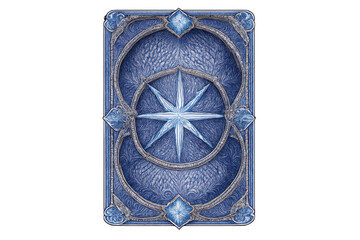 Blue ice magic card design with frosty star emblem, fantasy game element, transparent background for digital art
