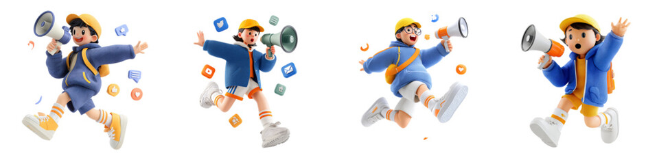 3D Athletic Male Character Running and Jumping in Dynamic Motion Poses for Fitness Training, Sports Activity, Healthy Lifestyle Promotion, Mobile App Interface and UI UX Design