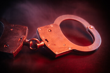 Metallic handcuffs with a shiny surface are positioned on a dark background, illuminated by dramatic red lighting, creating a tense and suspenseful atmosphere