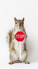 squirrel holding a red stop sign, road sign, solid white background