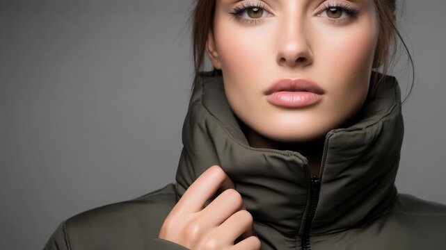 Woman zipping up stylish jacket in fashionable closeup sequence highlighting trendy androgynous style