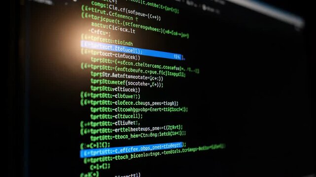 A close up shot of computer screen displaying green and blue code on dark background. The image conveys concepts of technology, and data.