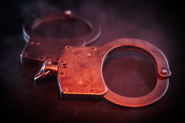 Close-up of metallic handcuffs resting on a dark surface, surrounded by a mysterious fog,...