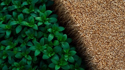 Vibrant green plant foliage next to a pile of golden wheat grain and straw for agriculture and harvest theme