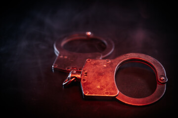 Close-up of metallic handcuffs on a dark surface, illuminated by dramatic red lighting, creating a...