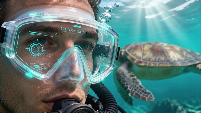 Buceador  donde el  cristal de su máscara de buceo de alta tecnología muestra una interfaz de realidad mixta con datos biométricos 