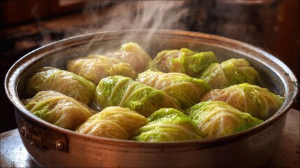 Homemade Stuffed Cabbage Rolls Cooking in Pot, Traditional Balkan Sarma