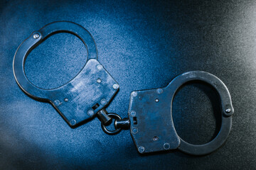 Black metal handcuffs lying on a dark surface, showcasing intricate details and textures, symbolizing law enforcement and security themes in a dramatic lighting setup