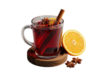 transparent glass mug of steaming deep red mulled wine, garnished with cinnamon and star anise, sitting on a wooden coaster beside an orange slice, isolated on transparent background, concept of warm