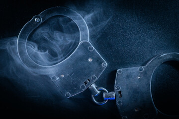 Handcuffs with a smoky background, symbolizing law enforcement and justice, showcasing the...