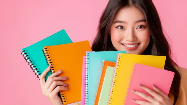 Cheerful student holding colorful notebooks against a pink background