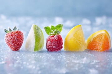 Frozen Fruits Displayed on Icy Background With Clear Frost Details and Soft Shadows for Commercial Use