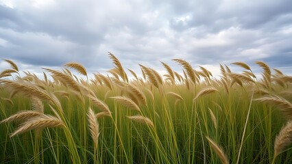 unanimity. A field of tall grass swaying in strong wind under a dramatic cloudy sky. travel magazines, destination branding, designed for outdoor magazines and nature guides.