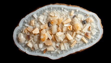 tubercular. Polished cross-section of a mineral specimen with vari-colored crystals. STEM education sheets, lab safety posters, designed for biotech research communications.