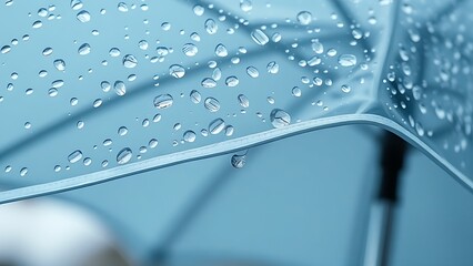 resistant. Waterproof canopy with shimmering droplets, showcasing innovative rain protection in sleek silver-blue hues. product launch decks.