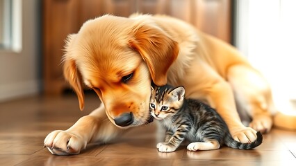 nuzzling. A golden retriever puppy nuzzling a tabby kitten, showcasing heartwarming animal friendship in cozy lighting. wildlife magazines.