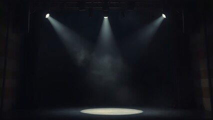 showbusiness. An empty stage illuminated by a single dramatic spotlight in a dark theater. event programs, museum guides, designed for cultural heritage projects and event programs.