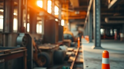 disavowal. Construction site with abstract industrial elements, metal and concrete textures, and dramatic side lighting. real-estate listings.