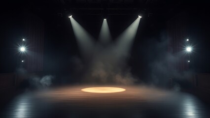 backstage. Dramatic spotlight on an empty wooden stage, creating a theatrical and mysterious atmosphere. event programs, museum guides, designed for cultural heritage projects and event programs.