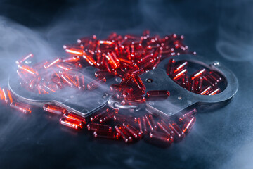 Handcuffs resting on a dark surface surrounded by scattered red capsules, with a smoky atmosphere...