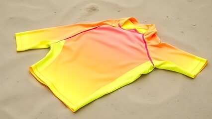 rashguard. Neon surf rashguard laid flat on wet sand, material stretched. lifestyle magazines, social media lookbooks, designed for lifestyle magazines and social media content.