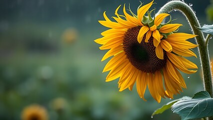 laurate. Sunflower drooping after a storm with rain droplets on its petals. gardening catalogs, home-decor guides, designed for home decor and floral branding, celebrates nature.