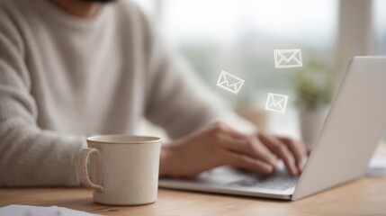 Person sitting at a wooden desk with a laptop in front of them. the person is wearing a beige sweater and has a beard. on the laptop screen, there are several white envelopes flying out of it.