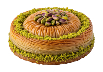 pistachio ring cake with layered pastry and pistachio garnish