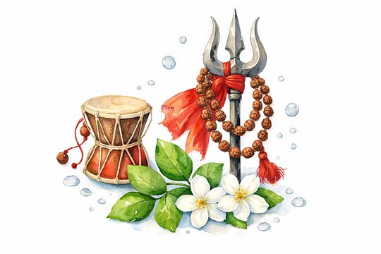 Maha shivaratri symbols with rudraksha mala, trishul, damru, and flowers in watercolor illustration. concept of hindu festival, spiritual worship, and lord shiva devotion