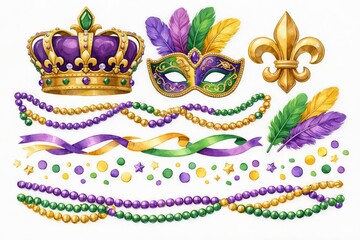 Festive mardi gras elements with crown, mask, beads, and feathers watercolor illustration. concept of celebration, carnival, and colorful festive decor