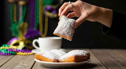 Woman dusting powdered sugar on a beignet for Mardi Gras celebration. Traditional New Orleans dessert or breakfast pastry.