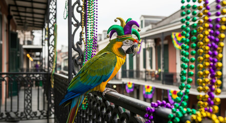 Smart Fool's Day Colorful ara parrot wearing a jester hat on a balcony during Mardi Gras celebration. Festival fun concept for holiday event.