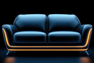 Modern black leather sofa featuring futuristic neon strip lighting