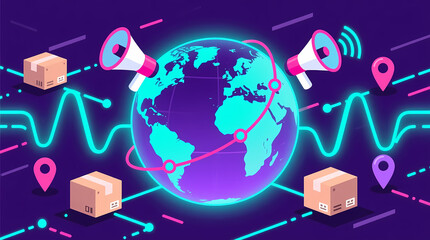 Global logistics and delivery network with packages, megaphones, and location pins