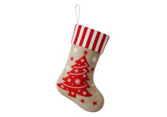 rustic burlap christmas stocking with striped cuff and vibrant red christmas tree design, hanging suspended on a smooth transparent studio background. concept of classic christmas holiday decoration