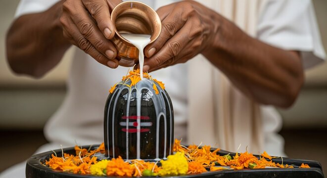 Man pouring milk on shiva lingam ritual for Maha Shivaratri. Hindu devotional offering for worship and spiritual purity.