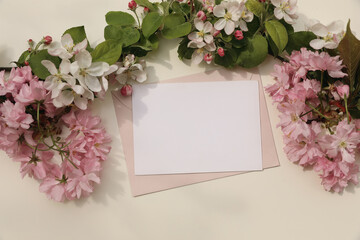 Spring Floral Greeting Card Mockup with Pink Envelope on white table background. Japanese Cherry Blossoms, Apple tree Flowers garland frame. Elegant Easter, Wedding Invitation Flat Lay. Copy Space