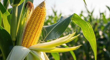 Obraz premium Fresh Ripe Corn on the Cob Growing in a Sunny Summer Agricultural Field