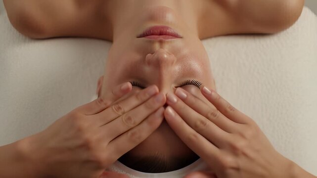Top view of a relaxed woman receiving a gentle facial massage by therapist hands in a spa, illustrating skincare and wellness concepts