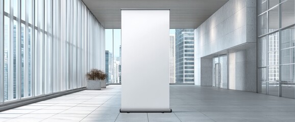 Blank Roll-Up Banner Stand Set in a Bright Office Building Hallway Near Large Windows Displaying City Views