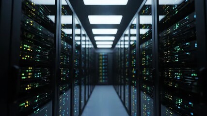 Dark server room with rows of black racks featuring blinking lights, showcasing technology, data storage, and internet infrastructure. - Powered by Adobe