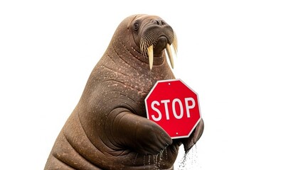 walrus holding a red stop sign, road sign, solid white background