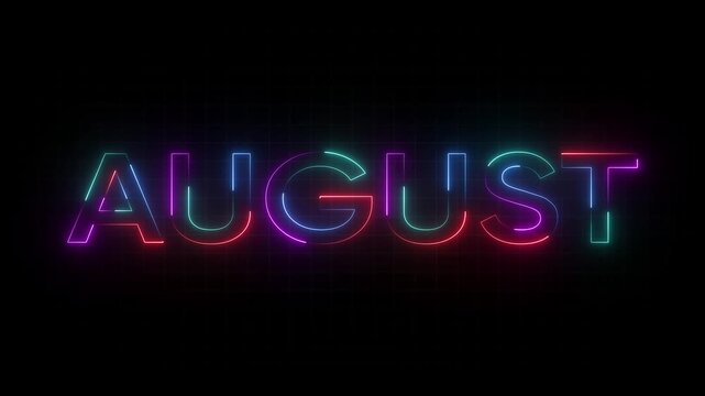 Neon August Month Name Glowing Multicolor Text on Dark Background