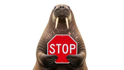 walrus holding a red stop sign, road sign, solid white background